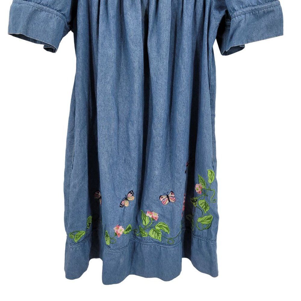 Vintage Denim Midi Dress S Blue Floral Butterfly Embroidered Puff Sleeve Kidcore - Picture 6 of 16